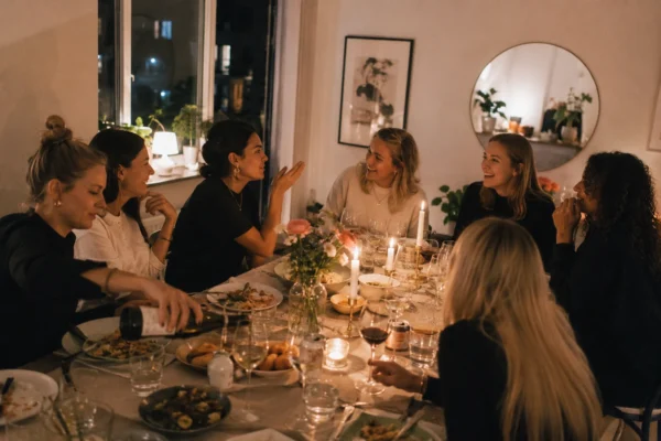 träffa nya vänner i vuxen ålder – sju kvinnor sitter runt ett dukat middagsbord med levande ljus och skrattar tillsammans