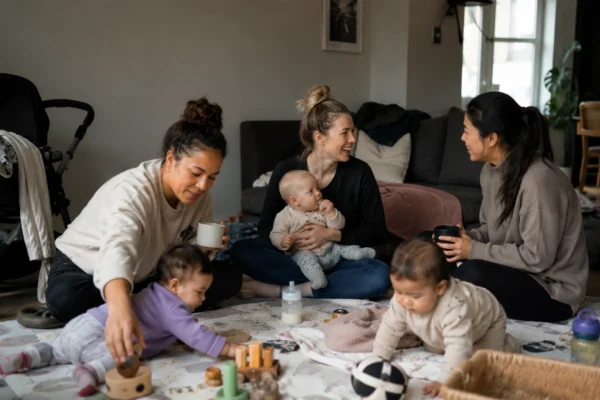 hitta mammagrupp – tre mammor sitter på golvet och umgås med sina bebisar inomhus