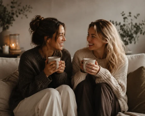 Två kvinnor sitter i en soffa och skrattar tillsammans över en kopp kaffe – ett exempel hur bra det kan blir när man vill hitta nya vänner som vuxen