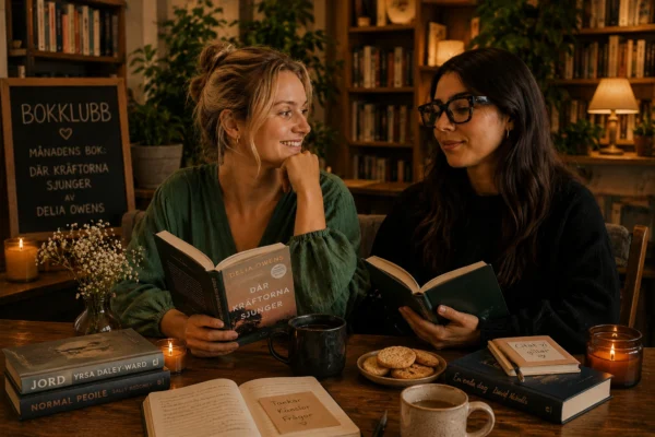 Två kvinnor sitter i ett mysigt bibliotek och läser böcker tillsammans – ett exempel på hur man startar en bokklubb för tjejer