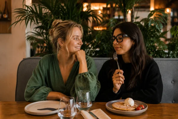 Två kvinnor äter lunch tillsammans på restaurang och skrattar – ett exempel på varför det är viktigt att träffa nya vänner och skapa nya relationer