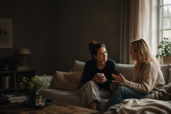Två kvinnor sitter i en soffa och har ett förtroligt samtal över en kopp kaffe, en bild som illustrerar skillnaden mellan ytlig och djup vänskap.