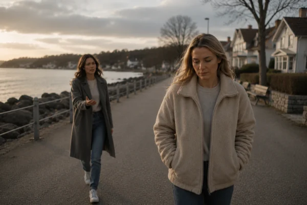 En kvinna går iväg längs en strandpromenad medan en annan försöker nå henne – en bild som illustrerar känslan av att bli ignorerad av en vän