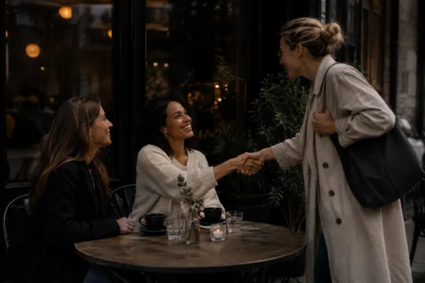 Tre tjejer gör ett bra första intryck när de hälsar på varandra utanför ett café