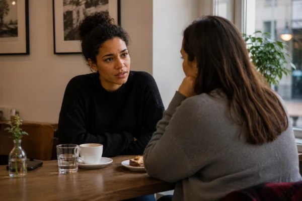 Två tjejer sitter på ett café och har ett svårt samtal om att göra slut med en vän