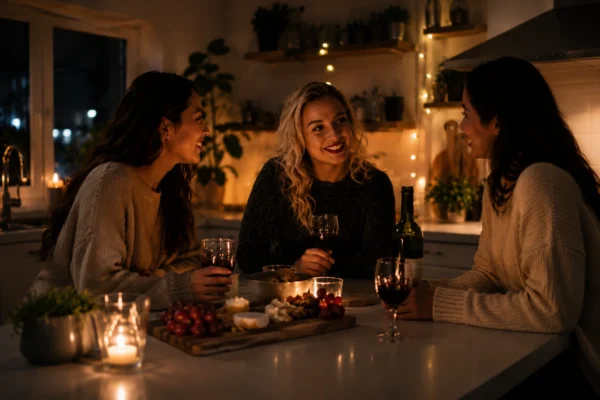 Tre kvinnor skrattar och pratar vid ett stearinljusbelyst bord – ett tydligt tecken på vad en bra vän är