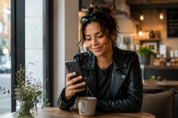 Kvinna på café skriver ett bra första meddelande i en app på sin mobil