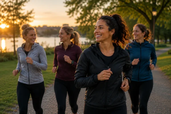 Fyra tjejer som har startat en löpargrupp för tjejer springer tillsammans i en park vid solnedgång