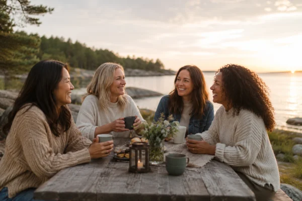 Fyra kvinnor skrattar och fikar tillsammans vid vattnet – hitta nya vänner efter skilsmässa via Gofrendly
