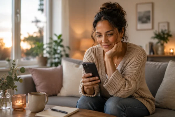 Kvinna sitter i soffan och tar kontakt i en vänskapsapp på sin mobil