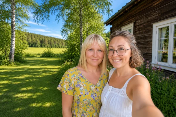Två tjejer skrattar tillsammans och tar en selfie – hitta nya vänner i Eskilstuna via Gofrendly