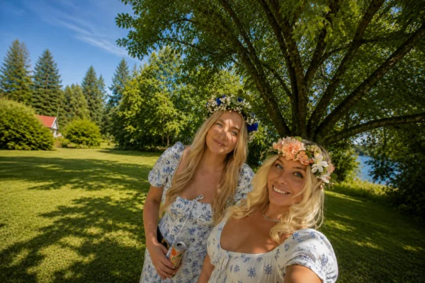 Två tjejer med blomsterkransar firar midsommar utomhus i Stockholm för att hitta nya vänner i Stockholm