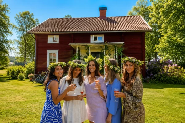Fem tjejer med blomsterkransar firar midsommar utomhus – hitta nya vänner i Västerås via Gofrendly