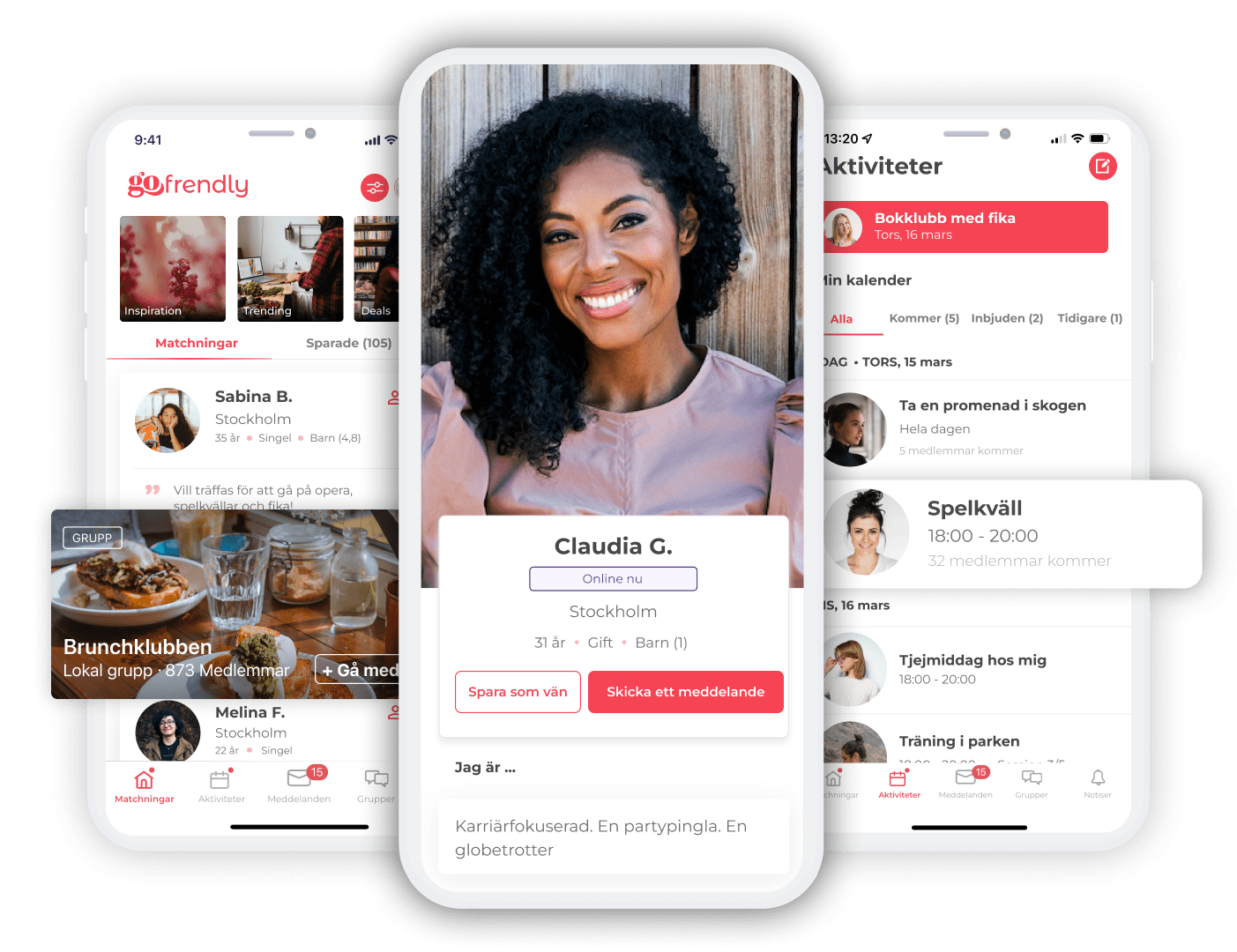 Mobilvy som visar Gofrendlys app där kvinnor kan upptäcka profiler, delta i aktiviteter och skapa nya vänskaper genom gemenskap och lokala möten.