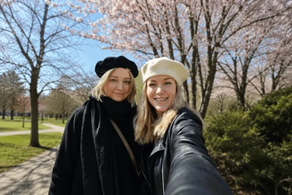 Två kvinnor tar en selfie tillsammans i en park i Ängelholm efter att ha hittat nya vänner genom Gofrendly.