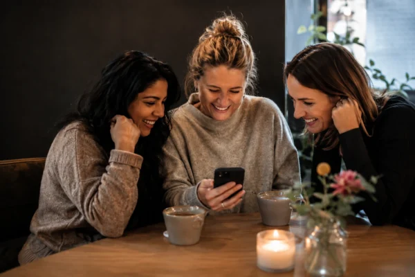 Tre kvinnor skrattar på café – ett sätt att hålla kontakten med vänner
