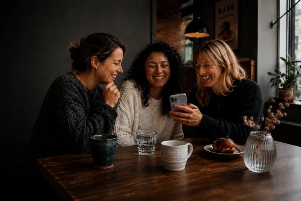 Tre kvinnor skrattar tillsammans på ett kafé och tittar på en mobiltelefon – illustrerar att hitta vänner via ett Bumble BFF alternativ