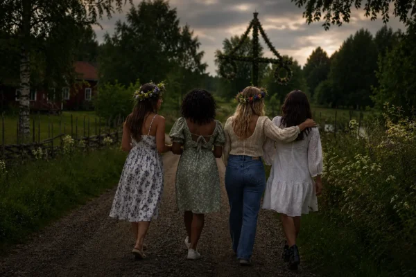 Fyra kvinnor med midsommarkransar går tillsammans på en grusväg med en majstång i bakgrunden