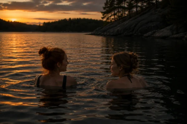 Två tjejer som hittade en badkompis simmar tillsammans i sjön vid solnedgången