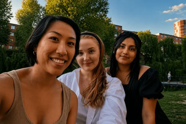 Tre kvinnor umgås tillsammans i en park i Norrköping efter att ha träffat nya vänner genom Gofrendly.