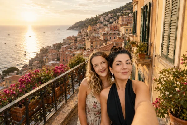 hitta resekompisar – två tjejer tar selfie på balkong med italiensk kuststad i solnedgång