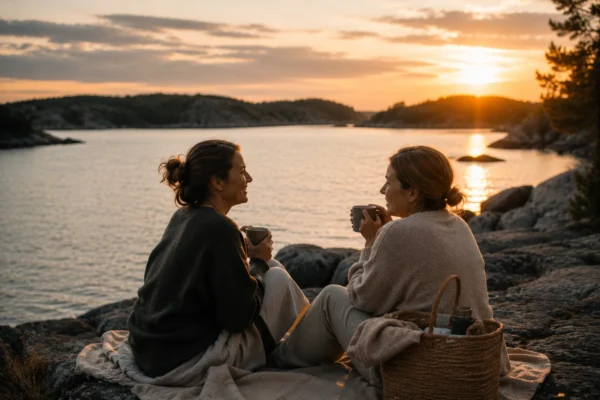 Två tjejer som lyckades hitta vänner när alla är på semester sitter på klippor vid havet och dricker kaffe i solnedgången