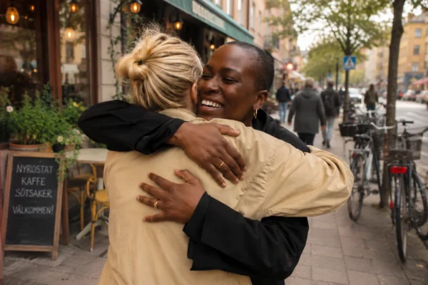 hur lång tid tar det att bli bästa vänner – två kvinnor kramar om varandra glatt på en gata i Stockholm