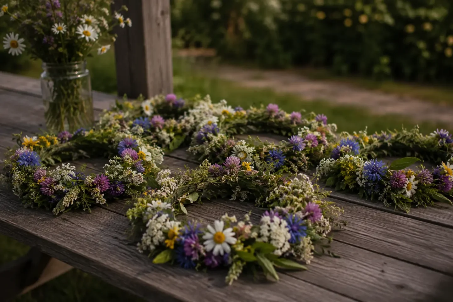 Handflätade midsommarkransar av vildblommor på ett träbord utomhus