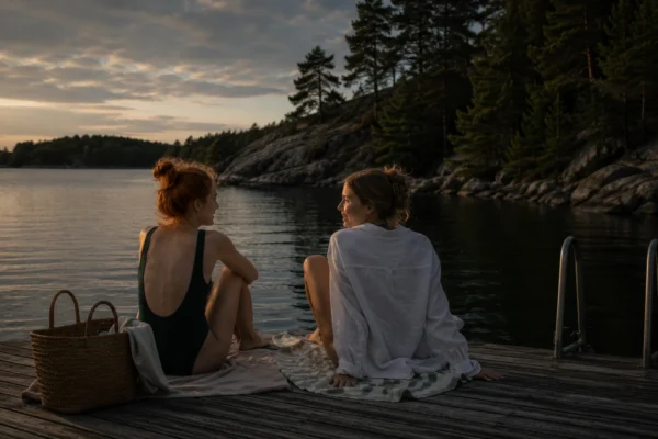 Två tjejer njuter av sommaraktiviteter med nya vänner och sitter på en brygga vid solnedgången